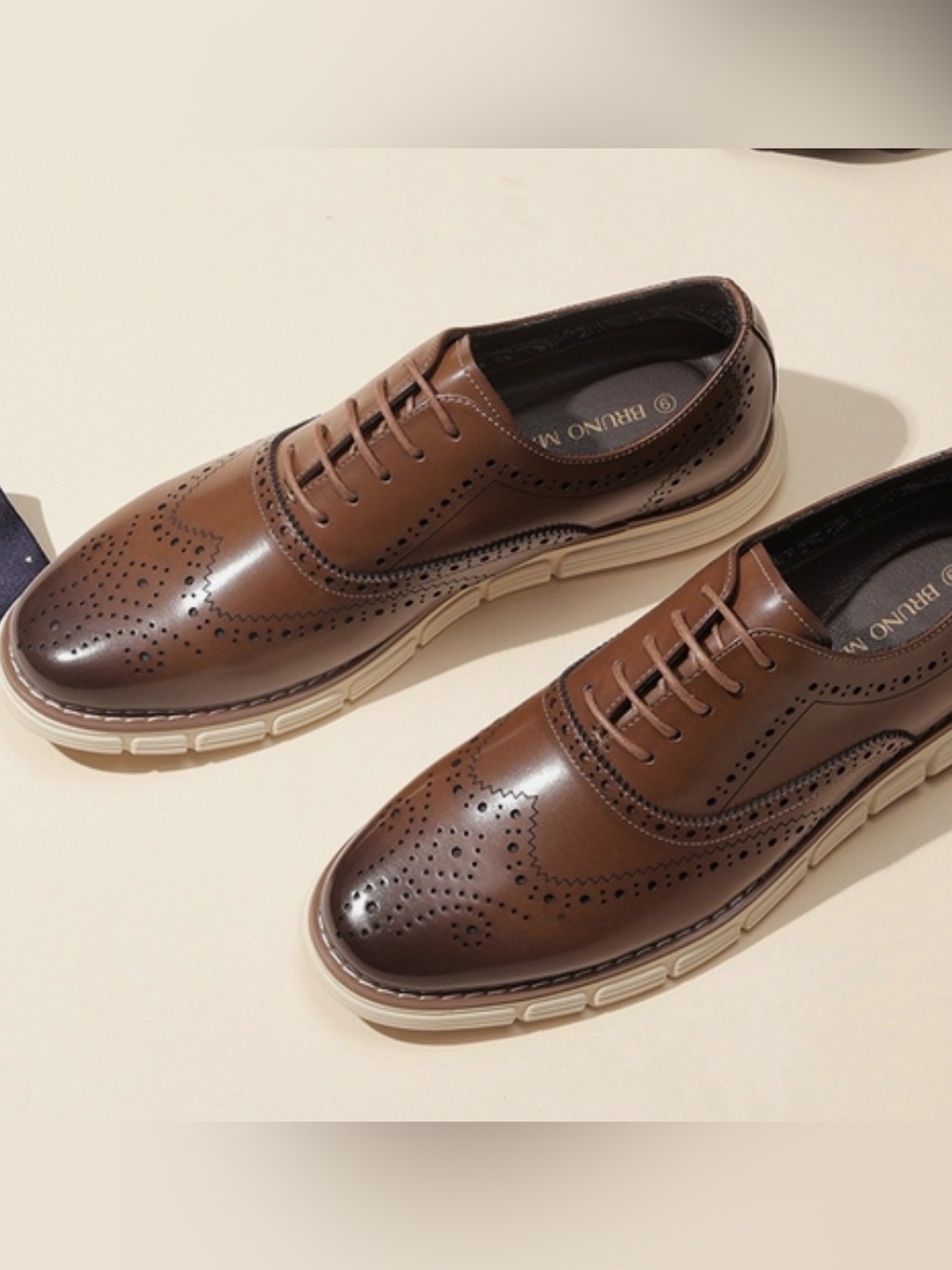 Bruno Marc Grandwing Men's Brown Leather Wingtip Dress Shoes with Cream Sole NIB - Picture 2 of 11